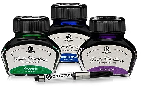 Octopus Schreibtinte Moosgrün, Ultramarinblau, Aubergine, Füllhaltertinte im Tintenglas mit Konverter, Geschenkset Schreibtinte für Füller und Feder, Tinte zum Schreiben und Malen, 3 x 30 ml