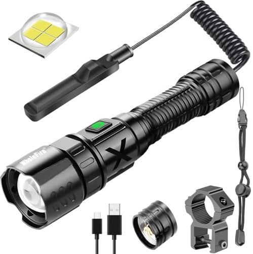 WholeFire Handheld Rechargeable LED Torch 10000 Lumens Torches LED Super Bright, 2 Pressure Switch Included, 5 Modes and Zoom for Camping, Emergency