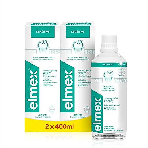 Elmex Collutorio Sensitive I 2 Confezioni da 400ml I Protezione Extra dai Denti Sensibili e dalla Carie Radicolare I Con Fluoruro Amminico | con Tripla Azione | Rinfresca l´alito | 0% Alcohol