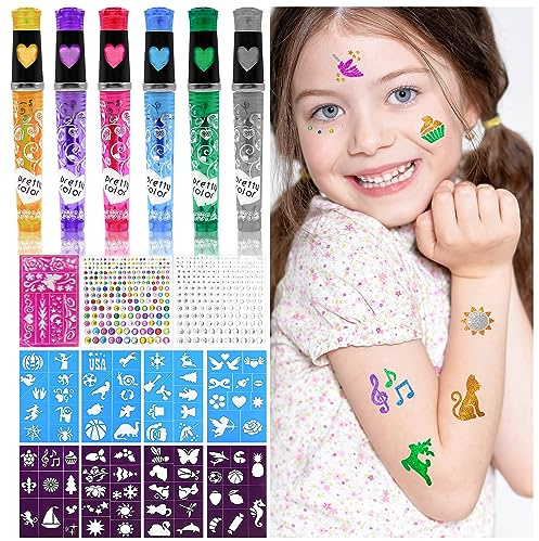Penne Glitter Tatuaggi per Bambini con 6 Pennarelli Glitter, 9 Stencil Carini, 330 Diamanti Colorate, Festa Giocare Disegnare Tatuaggi Bambini, Gadget Compleanno Bambina, Regalo Bambina 5 6 7 8 9 Anni