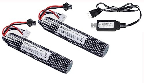 Yangers Lot de 2 batteries lithium-ion rechargeables 11,1 V 3S 2000 mAh RC avec connecteur SM 2P avec chargeur USB pour télécommande Airsoft fusil à gel pistolets à balles