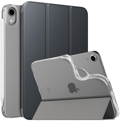MoKo Hülle Kompatibel mit Neues iPad Mini (A17 Pro) 2024, iPad Mini 6.Generation Tasche 2021 (8,3-Zoll), Weiches TPU Transluzent Rückendeckel Schlankes Etui für iPad Mini 7/6 Gen, Space Grau | Dünn Ständer Schutzhülle mit Weicher TPU-Rückseite Ultradünne PU Leder Schutzhülle Unterstützt Touch ID Auto Schlafen/Wachen