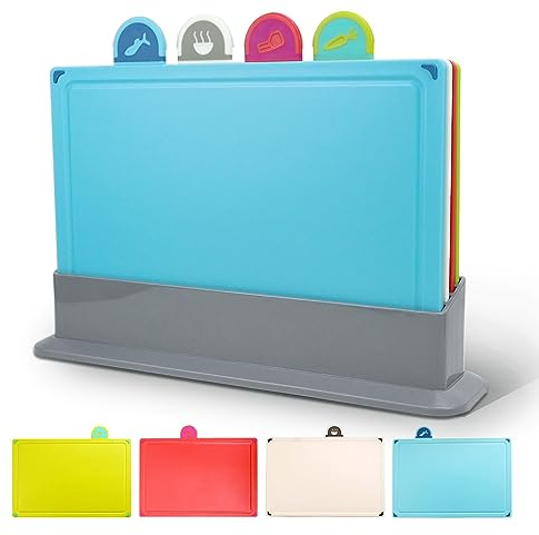 BOCHION Schneidebrett, 4-er Set Farbe Kunststoff-Schneidebretter mit Lebensmittel-Icons & Tablettboden, Frühstücksbrettchen Rutschfest BPA-Free, Antibakteriell für Fisch/Gemüse/Obst/Fleisch/Brot