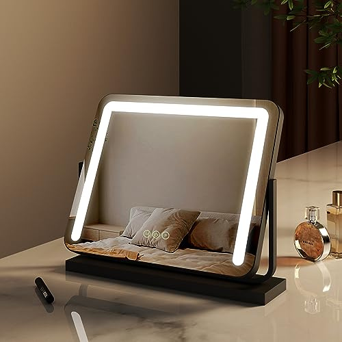 EMKE LED Hollywood Schminkspiegel mit Beleuchtung - Rechteck Hollywood Spiegel mit Dimmbar, 360° drehbar, Speicherfunktion, 3 Lichtfarben, Beleuchteter Kosmetikspiegel - Schwarz, 50x42cm