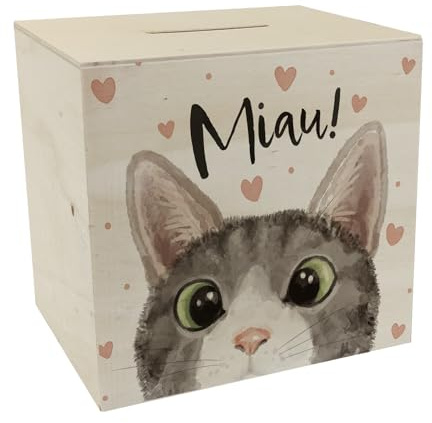 MIAU Katze Spardose aus Holz Geburtstag Spardose aus Holz Zeichnung Sparschwein Illustration Sparbüchse Kulleraugen sparen Katzenmensch Wohnung