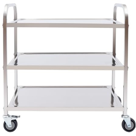 KEESUNG Carrello da cucina in acciaio inox a 3 bordi, con ruote e freni di stazionamento, 4 ruote, carrello da servizio Gastro con freno, 85 x 45 x 90 cm