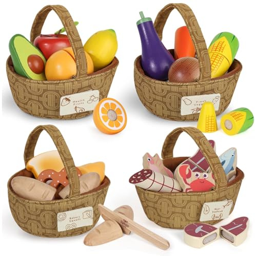 Lehoo Castle Set di cibo da gioco in legno, cibo giocattolo per i più piccoli, accessori da cucina per fingere, tagliare frutta e verdura, accessori Montessori per bambini 3-5