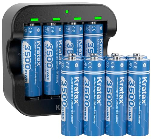 Kratax 1.5V AA Rechargeable Lithium Batteries,3500mWh High Capacity Double AA Li-ion Battery,1600Cycles,Coustant Output for Household Office Device (12*AA Batteries with Black USB Charger)