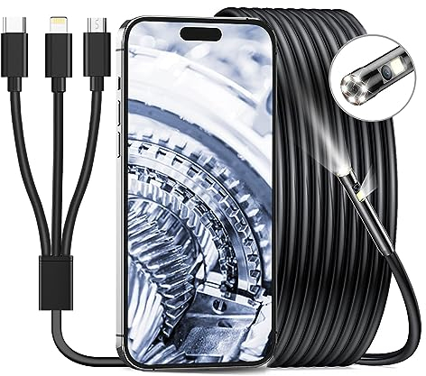 HOPEFOX Dual Lens Endoskopkamera, 3-in-1 Endoskop-Kamera mit Licht Handy 1080P HD Ip67 WiFi Inspektionskamera Kanal mit 6+1 Einstellbaren LED Licht für Android & iOS Tablet (9.84FT/3M)