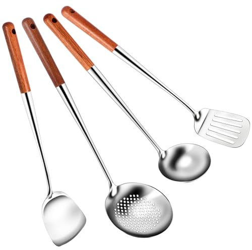 Luntfeiy Espátula larga de acero inoxidable para wok, juego de utensilios de cocina con cucharón ranurado para cocina