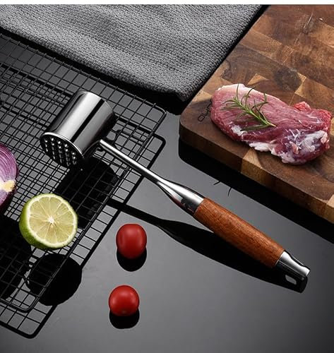 Tuzsocr 304 Stainless Steel Meat Hammer, Fleischhämmer Fleischklopfer Küchenzubehör Für Schnitzel, Koteletts, Steaks (Holz Griff)
