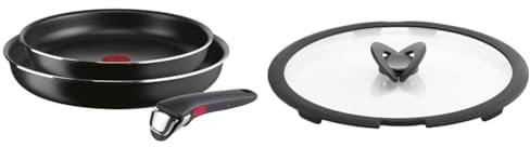 Lagostina Ingenio Essential Plus Set di Pentole e Padelle Antiaderenti in Alluminio per Gas e Forno & Ingenio Induction Coperchio in Vetro e Silicone, Nero e Trasparente, 28 cm