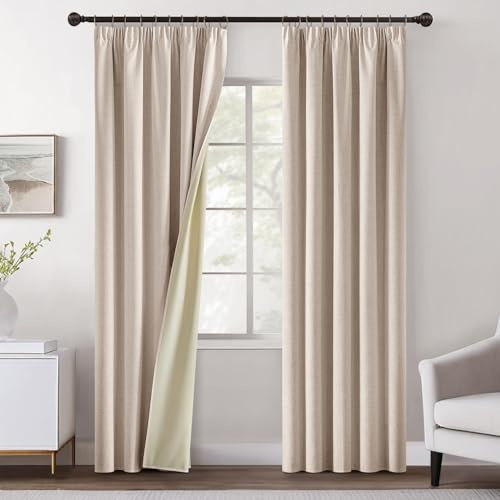 MIULEE Verdunklungsvorhänge Kräuselband Gardinen Leinenoptik Vorhang Blickdicht Thermovorhang Kälteschutz Vorhänge Wohnzimmer Schlafzimmer Wärmeisolierend 2er Set 260x140 cm Beige