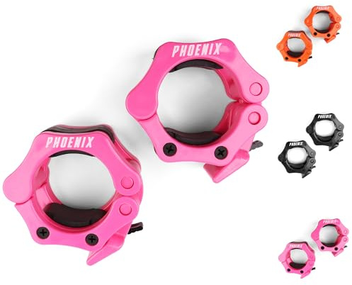 Phoenix Fitness Barbell Clamps - Pair of 1” or 2” Olympic Bar Collars for Weightlifting Bars - Set of 2 Heavy-Duty Barbell Clips - Quick Release Clamps for Home & Gym Training - Pink, 2-inch
