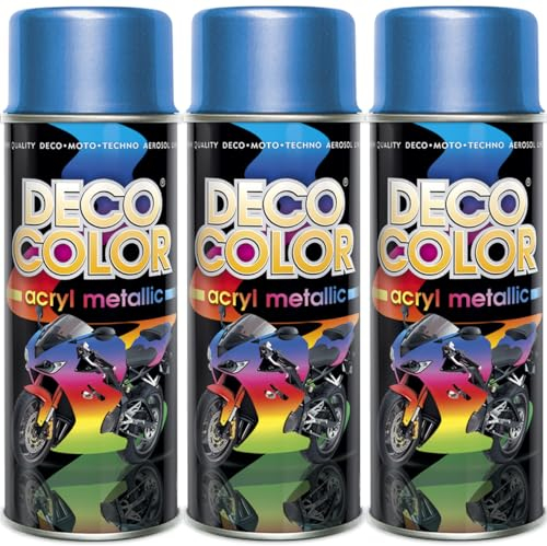 Deco Color 3er Sparpack Lackspray 400ml - Sprühlack mit Effekt für z.B. KFZ, Fahrrad uvm. (3 Dosen Lackspray Blau mit Metallic-Effekt)
