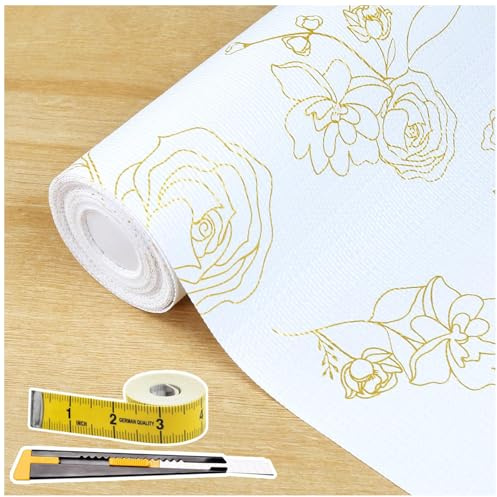 Shelf Liners for Kitchen Cabinets 12in x 20FT Non Adhesive Drawer Liner Gold Floral Thickened Shelf Liner Paper Strong Non-Slip Easy to Clean for Tool Box Refrigerator with Knife and Tape Measure