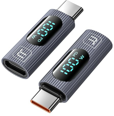 toocki Adaptador USB C con Pantalla LED 100W (2 Unidades) - Adaptador Tipo C Macho a Hembra, Carga Rápida PD3.0 QC3.0, Compatible con MacBook/iPhone 17/16 Pro Max/15/Galaxy S23/S22/iPad, Gris