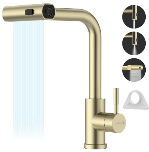 APPASO Waterfall Faucet with Pull Out Spray, Stainless Steel Sink Tap Mixer in Gold Finish - 3 Functions, 360° Swivel Single Handle - 1 Hole