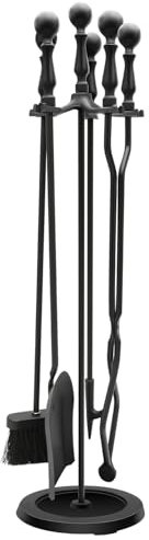 Nouetele Robustes Kaminwerkzeug-Set aus Stahl, 5-teiliges Set mit Holzzange, Ascheschaufel, Schürhaken, Bürste und Ständer, langlebig, hitzebeständig und rostfrei, modernes schwarzes Design für den