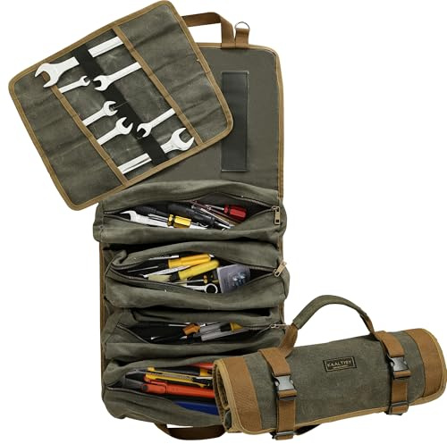 Tool Roll, Chisel Storage Case Roll - with 4 Tool Storage Pockets + 12 Slots + Portable Handle - Heavy Duty 16oz Waxed Canvas Tool Roll Up Bag for Hand Tools | 70x35 cm | Army Green