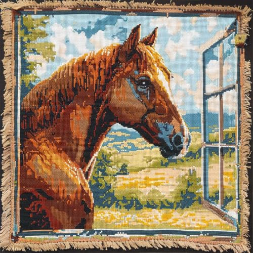 RKFLGEW DIY knüpfen set erwachsene pferd tier knüpfkissen Cartoon-Tiere DIY Haken Häkeln Garn Nadel Handwerk einfache handgemachte Kissen für Home Sofa Dekoration 43x43cm