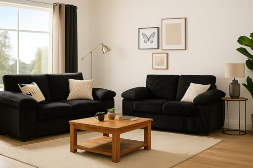 Capri Jumbo Cord Fabric Sofa, Removable Seat Cushions, Plush Comfort (Black, 3+2)