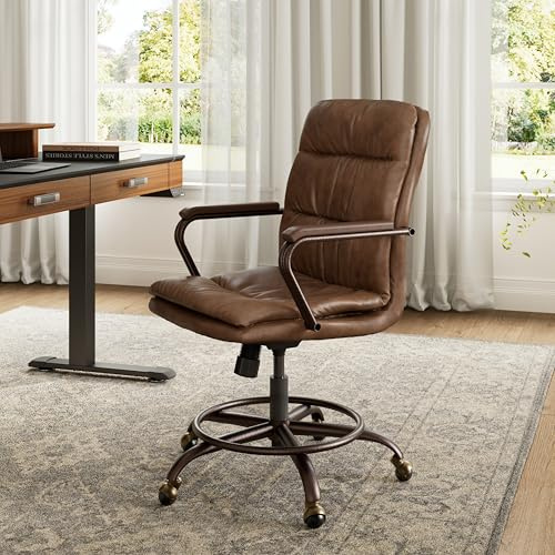 EUREKA ERGONOMIC Chaise de Bureau Pivotante, Style Médiéval Rétro Moderne Fauteuil de Bureau en Cuir PU, Fauteuil en Hauteur Réglable, pour Office/Salon/Chambre, Capacité 125 KG - Marron