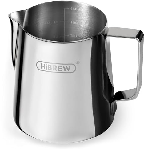 HiBrew Latte Art - Jarra de acero inoxidable para espumar leche al vapor, taza de expreso, jarra barista (plata, 450 ml)