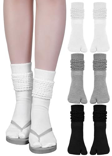 Fourluoo 3 Pairs Flip Flop Socks Slouch Scrunch Tabi Split Toe Japanese Long Knit Socks for Women(Black, White, Gray,5-8)