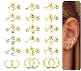 CASSIECA 18 Paar Ohrringe Set 316L Chirurgenstahl Medizinische Ohrstecker Klein Creolen Ohrringe Set Hypoallergene 14K Vergoldet Tragus Helix Piercings Ohr für Damen Herren Gold Silber