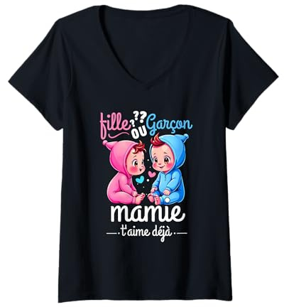 Femme Cadeau Gender Reveal Mamie Parti Révélation du Sexe bébé T-Shirt avec Col en V