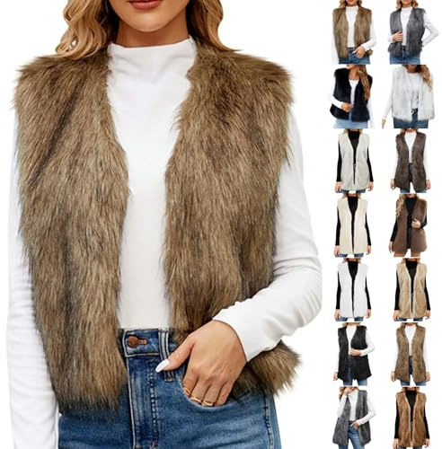 Damen Westen Elegant Fellweste Ärmellose Pelzweste Vest Jacke Fellweste Faux Pelz Kunstfell Mantel Pelzjacke Fell Cardigan Winter Warme Fellweste Pelzmantel Einfarbig Kunstpelze