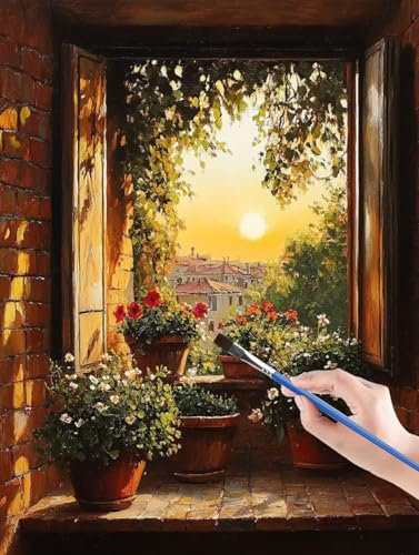 Window Malen Nach Zahlen Kinder ab 5 6 7 8 9 10 Jahre Mädchen, Paint by Numbers Adult Kinder Anlage Anfänger Malen Nach Zahlen Erwachsene mit Leinwand Pinseln Acrylpigment für Geschenke 60x80 cm I8-U