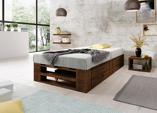 Lermowood Palettenbett M2 aus Holz 100 x 200 cm Palisander mit Lattenrost und 2 Bettkästen Holzbett 30cm Stabiles Seniorenbett Kinderbett Jugendbett Gästebett erhöhtes Bettgestell Futon Komforthöhe