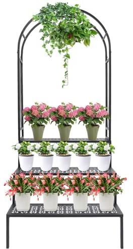 RjcdOPL Support de Plantes à 3 Niveaux en Métal, Arche de Pergola Jardin, Étagère de Présentation pour Porte-Pot de Fleurs, Noir