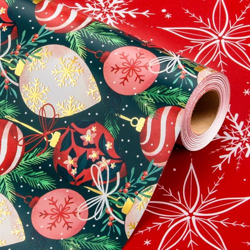 Wikadlik Grünes Geschenkpapier - 43 cm x 10 m Bunte Weihnachtskugeln und Beeren Reversibles Geschenkpapierrolle für Weihnachtsfeiern