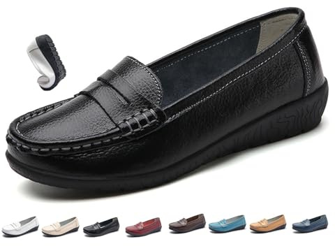 Damen Leder Atmungsaktive Mokassins Schuhe Bequeme Walking Flat Loafer Damen Klassische Leder Orthopädische Penny Loafer, Schwarz , 40 EU