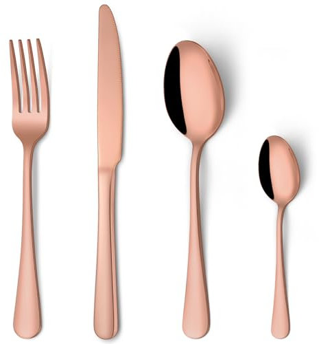 Cutlery Set Rose Gold, HONKKU 16 Pieces Stainless Steel Flatware Set for 4 People, Mirror Polished Tableware Silverware Set with Spoon Knife and Fork Set for Home Kitchen, Dishwasher Safe