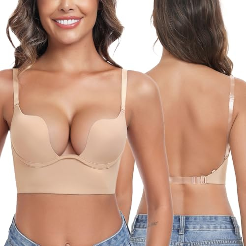 Lemorosy Damen Rückenfrei BH Tief U-Ausschnitt Push Up Bra mit Bügel Niedrigem Rücken Multiway-Träger(Beige,80A)