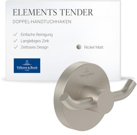 Villeroy & Boch Elements - Tender - Gancio doppio per asciugamani da parete, gancio da parete in zinco, accessori da bagno, gancio rotondo, 76 x 32 x 54 mm, nichel spazzolato opaco