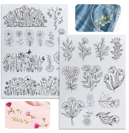 YZROHYI 2 Blatt Stickvorlagen WasserlöSlich Stickpapier,Stickaufkleber,Stickerei Blumen Vorlage,Stickmuster Vorlagen,Sticktransferpapier Wasserlösliche Handnähstabilisatoren,Sticken für Anfänger