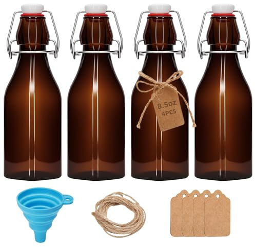 4Pcs 8.5oz square Amber Beer Bottles with Flip Caps,250MLGlass Bottle with Swinging Top for Airtight Lids, Home Brewing and Fermentation Kombucha, Vanilla Extract, Beverage, Water