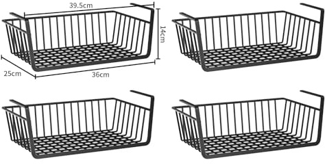 Uppsättning av 4 hängande metallkorgar – förvaring under skåp för kök badrum skafferi och skrivbord – mångsidiga utrymmesbesparande skåpkorgar svart 36 x 25 x 14 cm