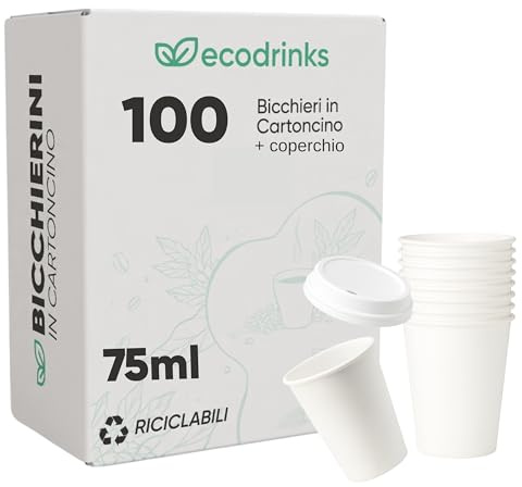 ecodrinks 100 Bicchieri di Carta con Coperchio di Plastica da 75ml - Per Caffè Lungo, Espresso, Ginseng, Acqua o Cocktail - Adatti all'Uso Domestico, e Attività, Bianchi