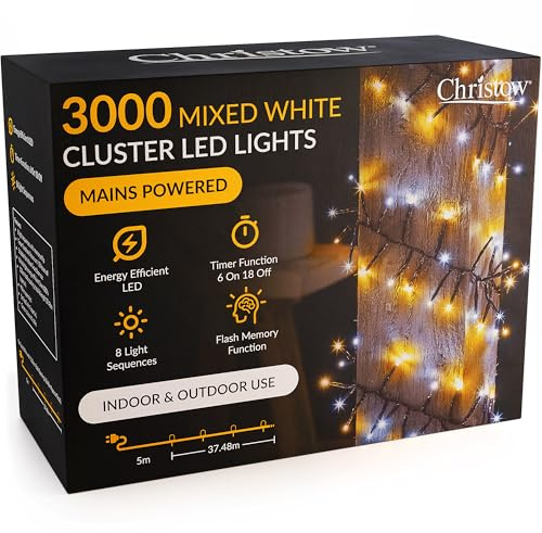 CHRISTOW 3000 LED Cluster Christmas Tree Lights, Mixed White Fairy Lights with Timer, 8 Light Modes, Energy Efficient 3mm Micro LEDs, Indoor & Outdoor, Mains Powered, Green Cable, 37.48m Lit Length
