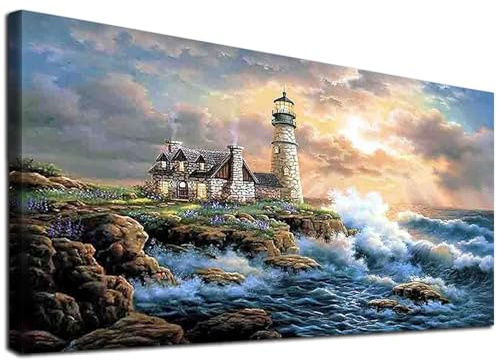 JATOK Diamond Painting Leuchtturm XXL, Landschaft, 70 x 40cm, eckige Steine | Großes Bild mit eckige Steinen; Komplettset mit Leinwand und Werkzeug; für Anfänger, kreative Auszeit und Wanddeko