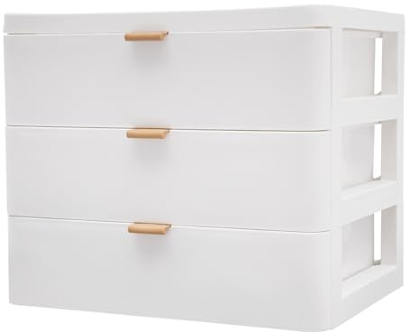 SONHANGIA Organizador de escritorio de 3 niveles en blanco Caja de almacenamiento rectangular con cajones para escritorio Caja de almacenamiento con cajones 26 x 20,2 x 22,3 cm