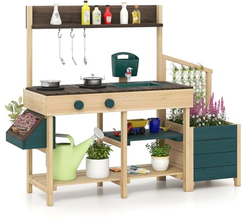 COSTWAY Läckagekök barn utomhus, barnkök med planteringslåda och spaljé, träkök med vattenfunktion, trädgård lekkök, utomhuskök inkl. tillbehör för barn från 3 år (natur + grön)