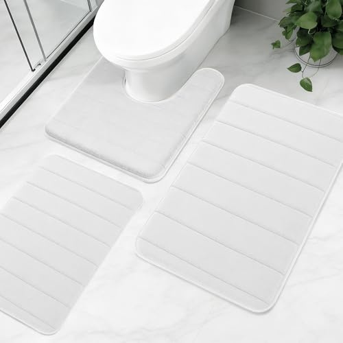 NAKIHOUSE Bathroom Mat Sets 3 Piece, Non-Slip and Absorbent Bath Mat Set | Thick Memory Foam, Extra Soft, Machine Washable White Floor Mats +Toilet Rug for Bathroom Shower Bathtub Sink