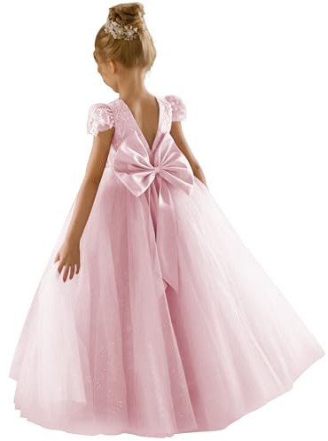 GETCUTE Flower Girl Dress for Wedding Lace Backless Bow Aline Satin Christening Communion Dress Toddler Pageant Bridesmaid Ball Gown Pink 04